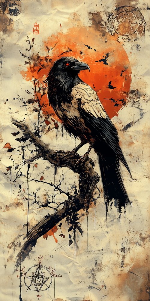 Raven Perched Under Red Sun