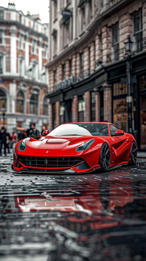 Red Ferrari on Wet Street - cars Wallpaper