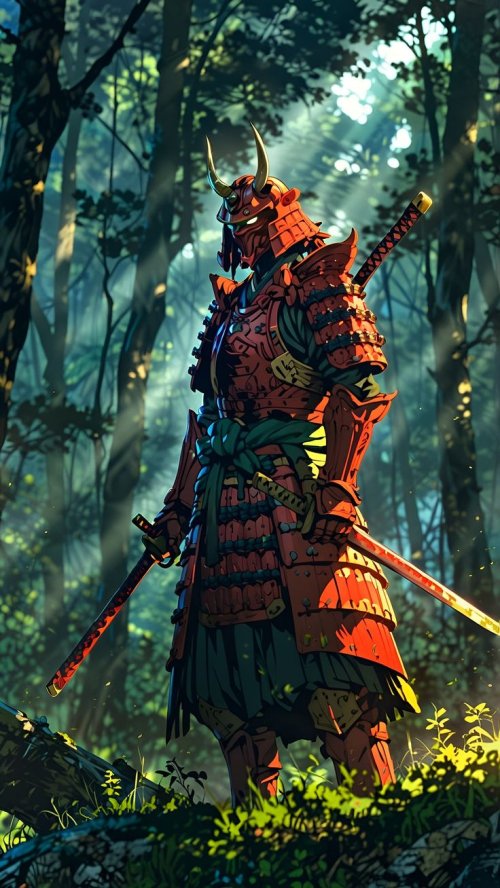 Samurai in Sunlit Forest - Anime Wallpaper