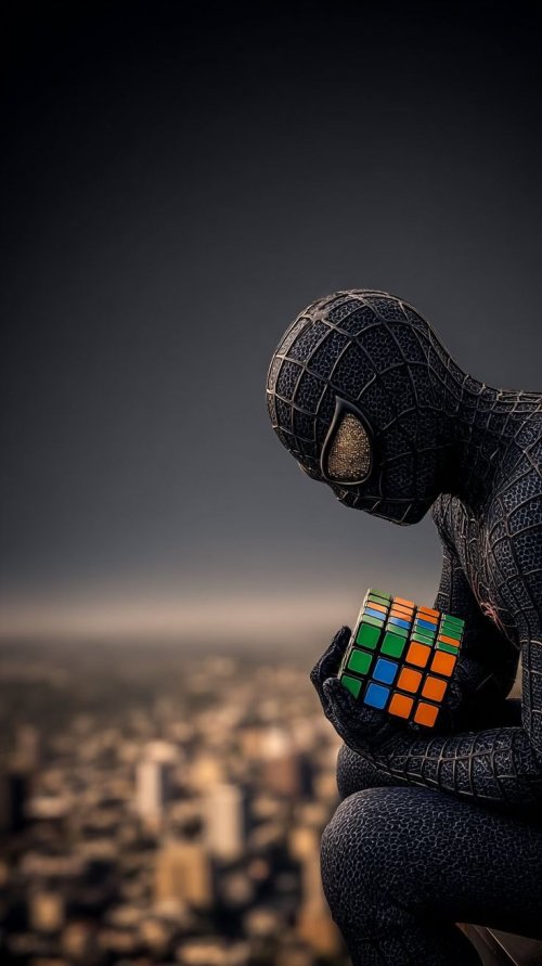 Spider-Man Pondering Rubik's Cube
