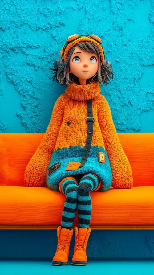 Stylized Girl on Orange Couch