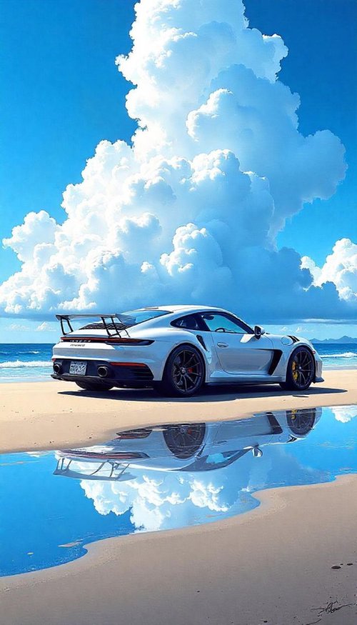 White Porsche Beach Reflection - Related Ghetto Wallpapers wallpaper