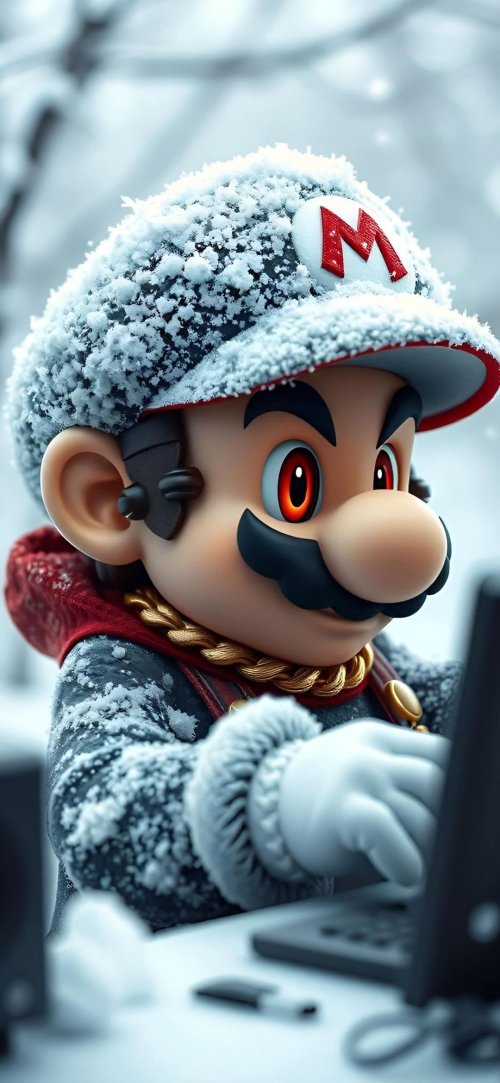 Winter Mario at Laptop - mario Wallpaper