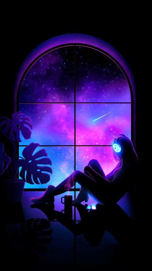 Girl Listening To Space - neon Wallpaper