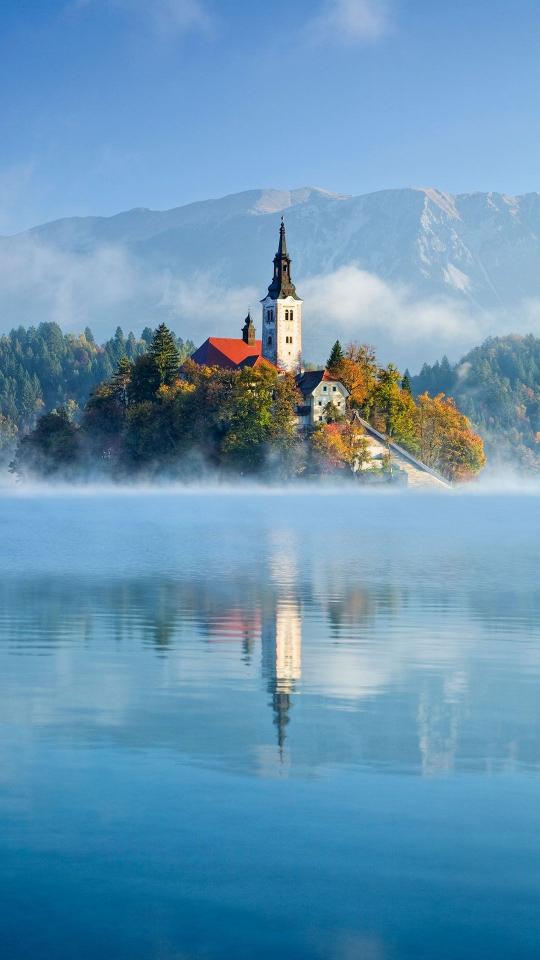 Misty Lake Island Church - Asus Wallpaper