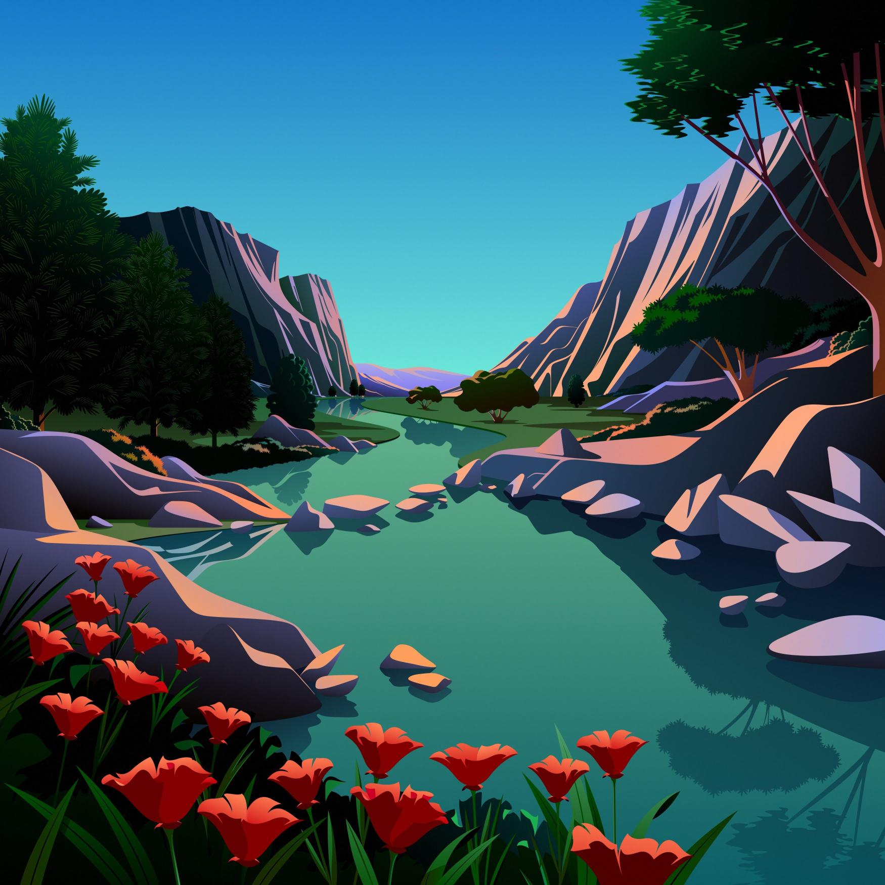 Vibrant Mountain River Scene - apple Wallpaper